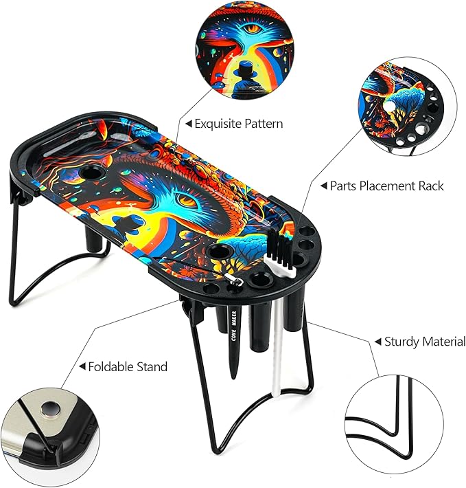 Metall Rolling Tray Cone Loader für King Size & 1 1/4 Größe Pre gerollt Kegel, Kegel Pre Roll Maschine umfasst klappbaren Stand Kegel Füller, Füller Trichter -Muti-Farbe