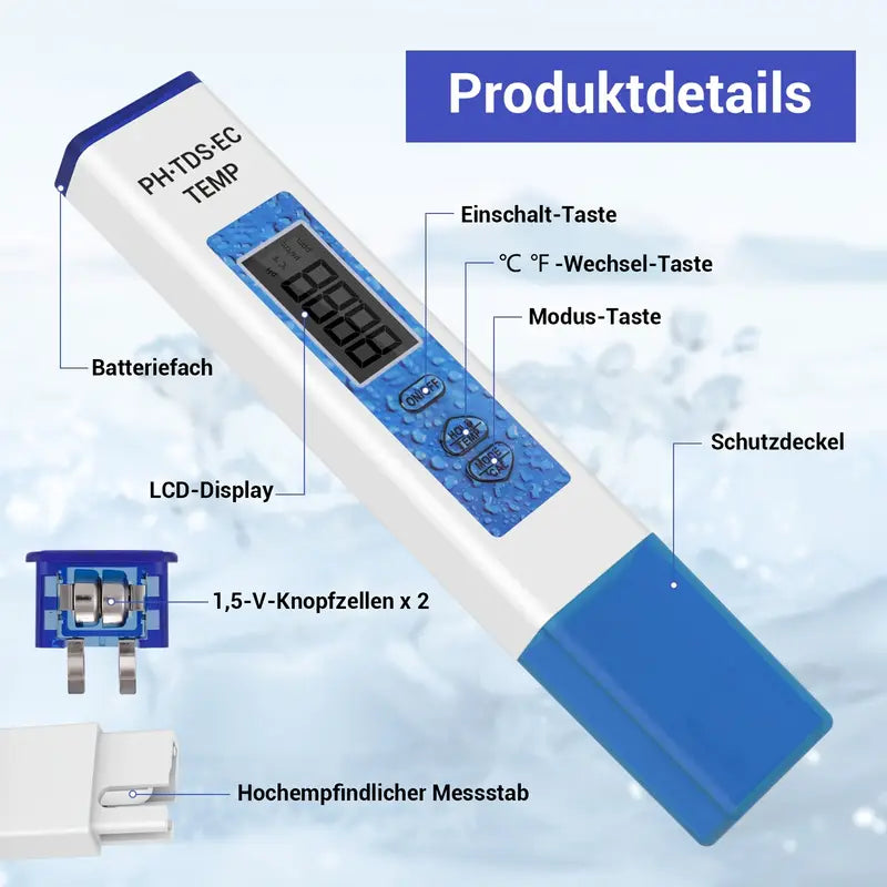 4-in-1 Digitales pH Messgerät Wasser – Präzises pH/TDS/EC/Temperatur Messgerät für Aquarium, Pool, Trinkwasser, Teich & Hydroponik