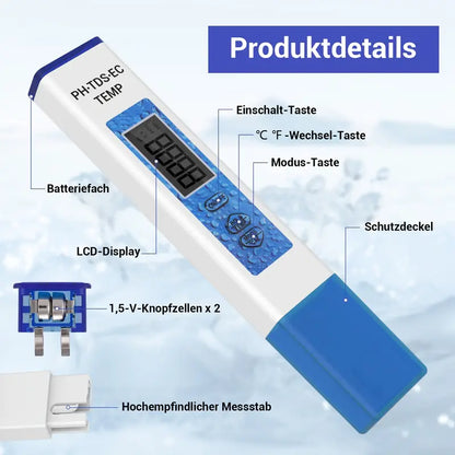 4-in-1 Digitales pH Messgerät Wasser – Präzises pH/TDS/EC/Temperatur Messgerät für Aquarium, Pool, Trinkwasser, Teich & Hydroponik