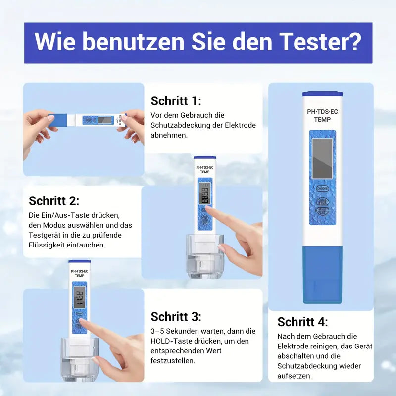 4-in-1 Digitales pH Messgerät Wasser – Präzises pH/TDS/EC/Temperatur Messgerät für Aquarium, Pool, Trinkwasser, Teich & Hydroponik