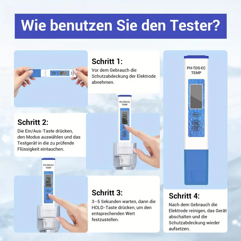 4-in-1 Digitales pH Messgerät Wasser – Präzises pH/TDS/EC/Temperatur Messgerät für Aquarium, Pool, Trinkwasser, Teich & Hydroponik
