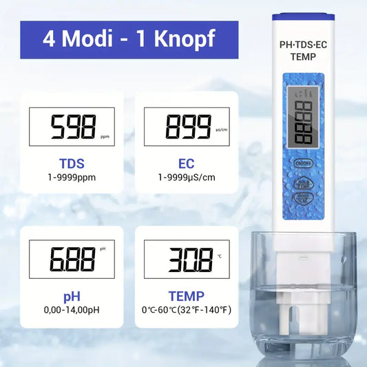 4-in-1 Digitales pH Messgerät Wasser – Präzises pH/TDS/EC/Temperatur Messgerät für Aquarium, Pool, Trinkwasser, Teich & Hydroponik